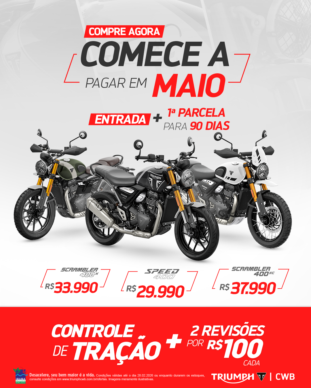 SCRAMBLER 400 XC 2025/2025 preço sugerido de R$ 37.990,00 à vista com primeira parcela para 90 dias.