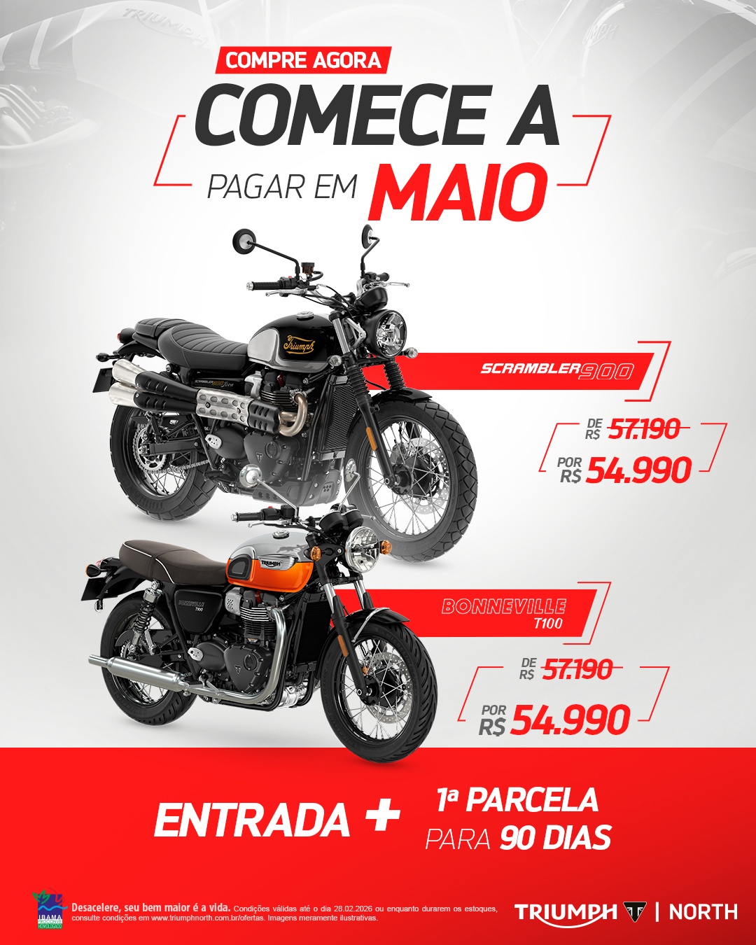BONNEVILLE T100 2025/2026 preço sugerido de R$ 54.990,00 à vista com primeira parcela para 90 dias.